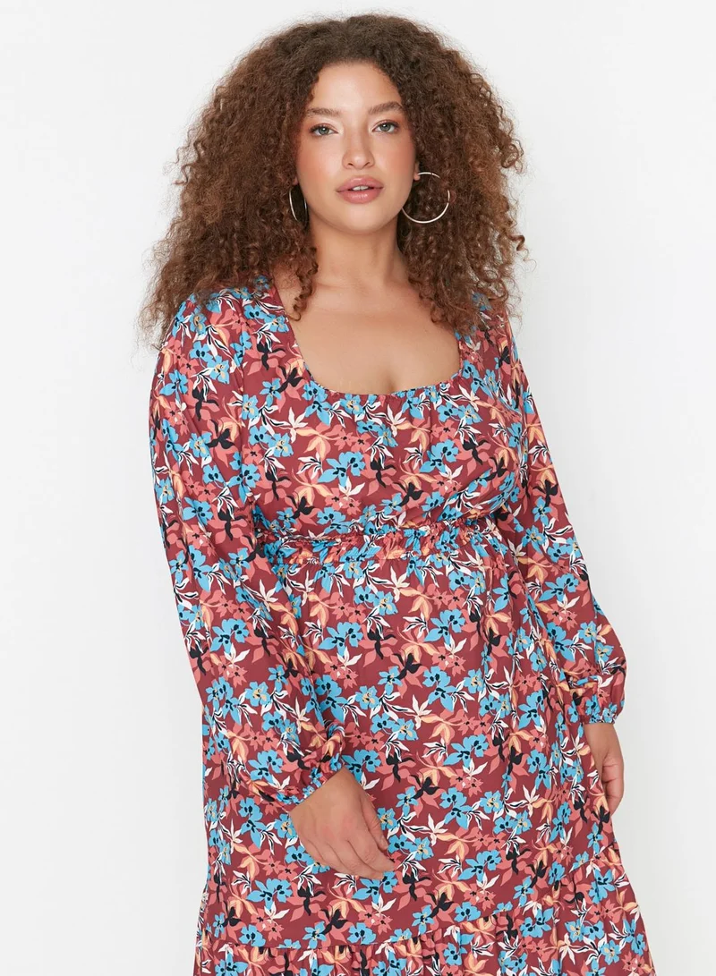 Trendyol Curve Puff Sleeve Floral Print Dress