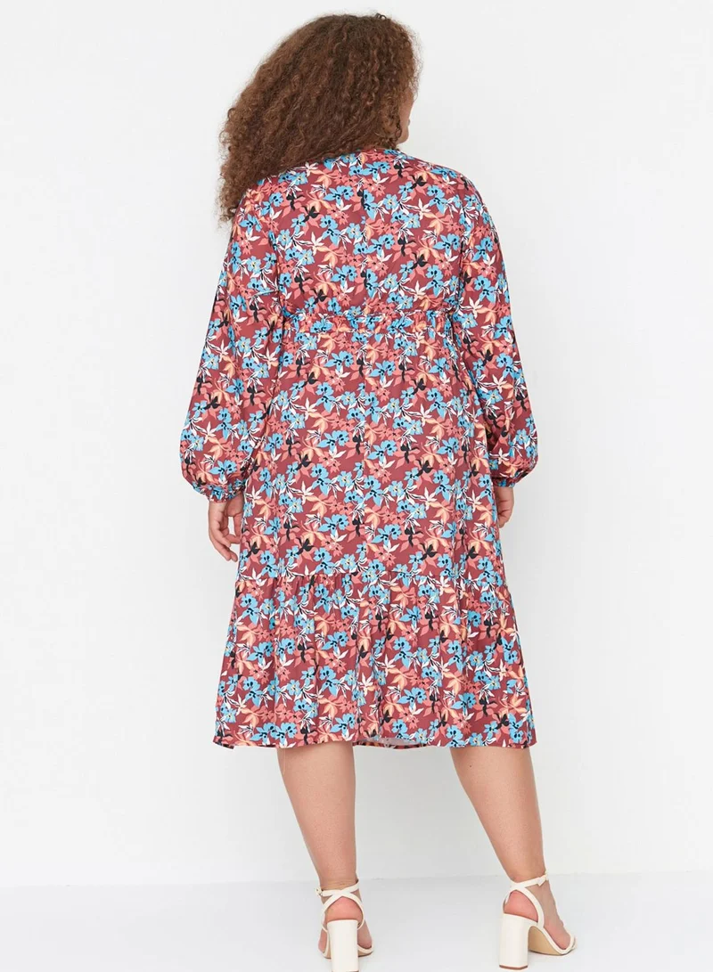 Trendyol Curve Puff Sleeve Floral Print Dress