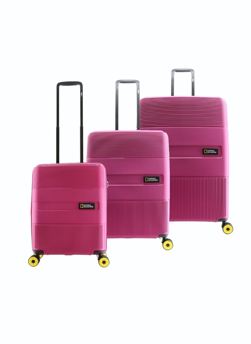 NATIONAL GEOGRAPHIC National Geographic Cavern PP Hardside Luggage Set Fuchsia Pink, Durable/ Unbreakable/ Lightweight/ Anit-theft Zipper/ 4 Double Wheel TSA Lock 3pcs Suitcase Trolley Bag (20+24+28 Inch).  - Image 1
