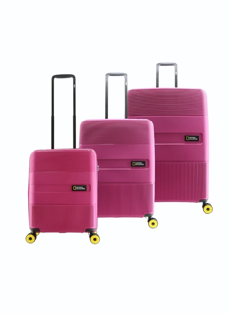 NATIONAL GEOGRAPHIC National Geographic Cavern PP Hardside Luggage Set Fuchsia Pink, Durable/ Unbreakable/ Lightweight/ Anit-theft Zipper/ 4 Double Wheel TSA Lock 3pcs Suitcase Trolley Bag (20+24+28 Inch).