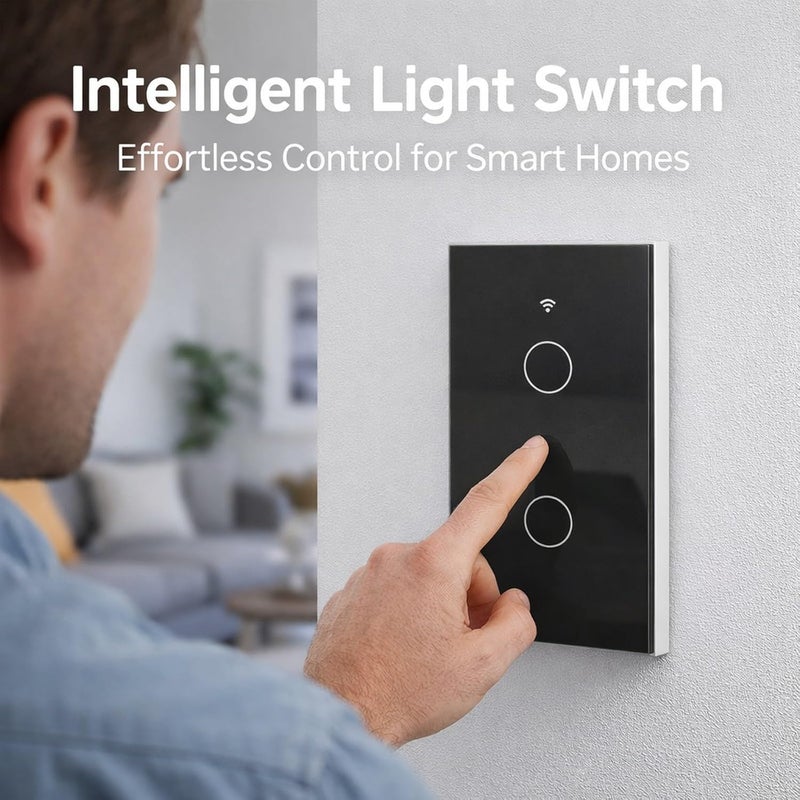 مفتاح إضاءة عن بعد بتقنية Zigbee، لوحة لمس حائطية أمريكية ذات مفتاحين، جهد كهربائي 100-240 فولت تيار متردد - متوافق مع التحكم الصوتي، زجاج مقسّى متين، أتمتة المنزل الذكي (أسود) - Image 4