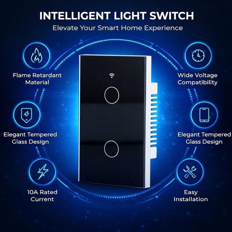 مفتاح إضاءة عن بعد بتقنية Zigbee، لوحة لمس حائطية أمريكية ذات مفتاحين، جهد كهربائي 100-240 فولت تيار متردد - متوافق مع التحكم الصوتي، زجاج مقسّى متين، أتمتة المنزل الذكي (أسود) - Image 2
