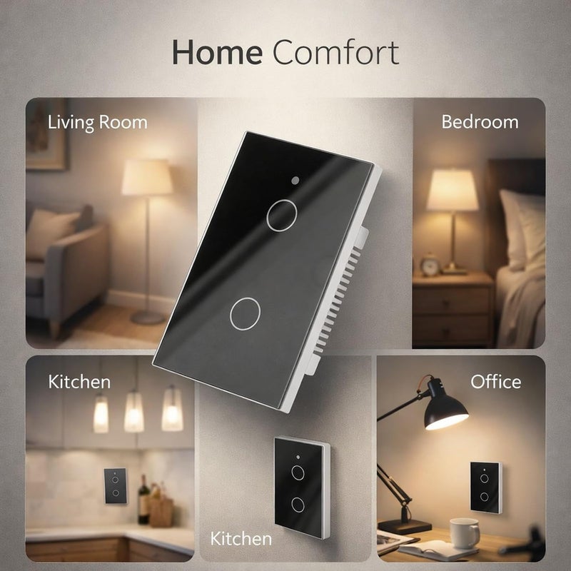 مفتاح إضاءة عن بعد بتقنية Zigbee، لوحة لمس حائطية أمريكية ذات مفتاحين، جهد كهربائي 100-240 فولت تيار متردد - متوافق مع التحكم الصوتي، زجاج مقسّى متين، أتمتة المنزل الذكي (أسود) - Image 3