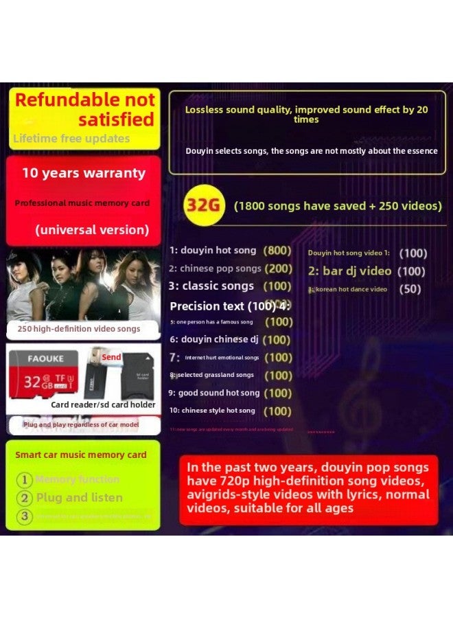 Small Audio Memory Song Card Memory Storage Cassette Song Car Music Memory Card High Quality Song Phone-Color:Package Three 32/g=1800 Songs + 250 Videos [popular + + Classic + Dj + Each-Capacity:Standard