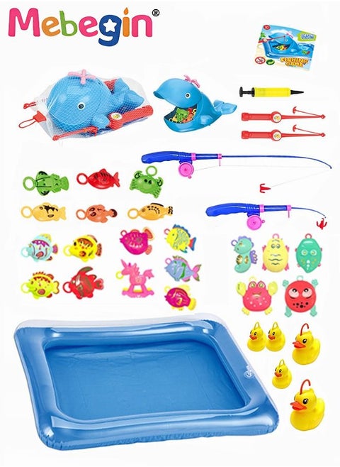 Fishing Game Set with Fishing Rods, Nets and Floating Fish and Ducks, Fishing Toys Pool with Colorful Accessaries, Creative Fun Bath Toys, Multi-Player Game Designed for Kids and Family , Parent-child Game, Ideal Gift for Kids