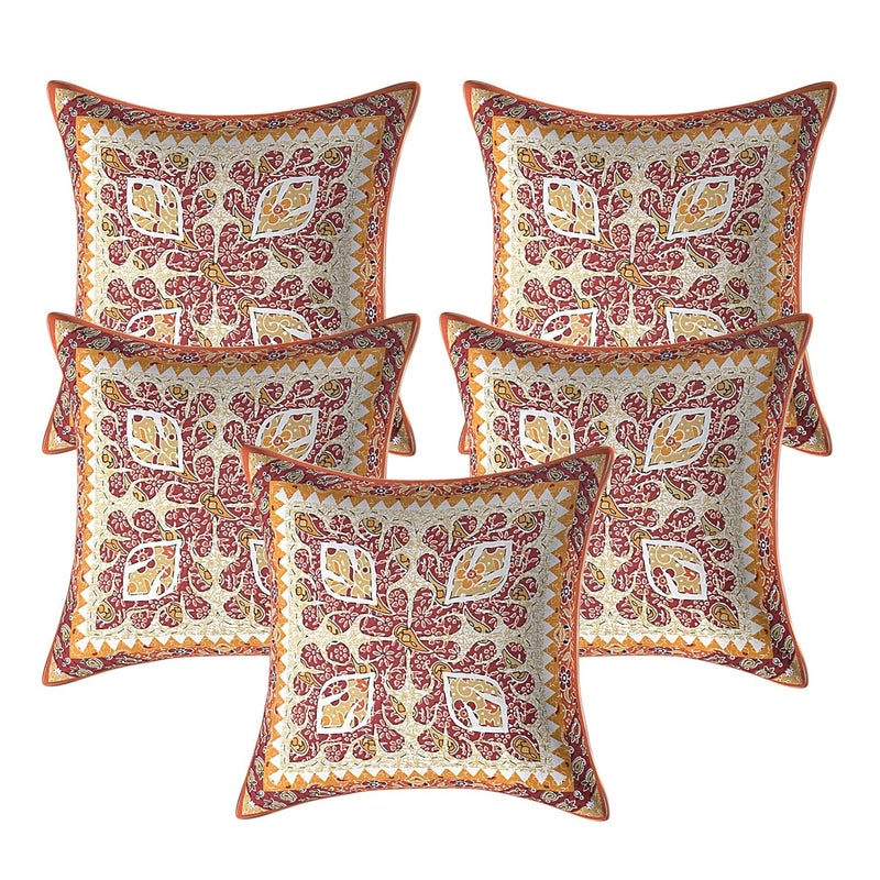 AMLEXTTRIZ Barmeri Flora Print 100 Pure Cotton Cushion Cover Set of 5 Covers for Sofa Bedroom Living Room Size 16x16 Mustard - Image 1