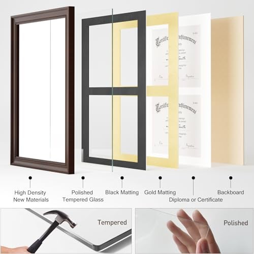 Yaetm Vertical Double Diploma Frame 14x20 for Two 8.5x11 Certificates, Degrees, Documents, Tempered Glass with Black Over Gold Acid-free Mats, Dual Diploma Frames, Brown/Black - Image 5