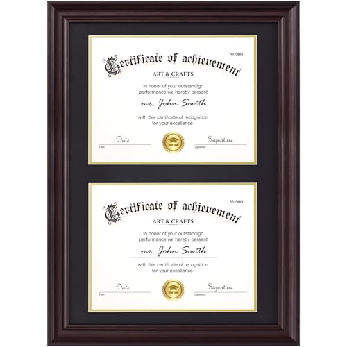 Yaetm Vertical Double Diploma Frame 14x20 for Two 8.5x11 Certificates, Degrees, Documents, Tempered Glass with Black Over Gold Acid-free Mats, Dual Diploma Frames, Brown/Black - Image 1