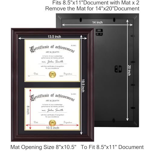 Yaetm Vertical Double Diploma Frame 14x20 for Two 8.5x11 Certificates, Degrees, Documents, Tempered Glass with Black Over Gold Acid-free Mats, Dual Diploma Frames, Brown/Black - Image 4