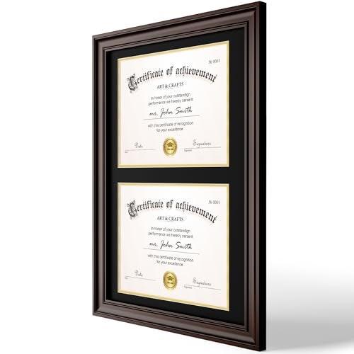 Yaetm Vertical Double Diploma Frame 14x20 for Two 8.5x11 Certificates, Degrees, Documents, Tempered Glass with Black Over Gold Acid-free Mats, Dual Diploma Frames, Brown/Black - Image 2