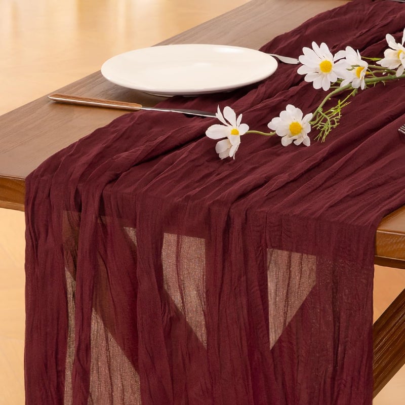 Socomi 10pcs Burgundy Red Summer Cheesecloth Table Runner Boho Rustic Gauze 120 inch 10FT Cheese Cloth Sheer Runner for Wedding Party Baby Shower Birthday Home Decor Holiday Decorations - Image 1