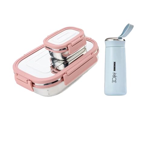 BoldBlossom Stainless Steel Lunch Box Set with Water Bottle, Pink Food Containers with Leak-Proof Lids, Blue Insulated Water Bottle Combo Sets BPA Free Tiffin Set with Nice Bottle 400ML-Multicolor - Image 1