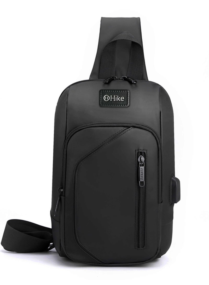 Hike Crossbody Sling Bag Synthetic Water Resistant Unisex Small Shoulder Bag with Built in USB Port for Business Travel Outdoor Shopping, HK2032-BLACK - Image 1