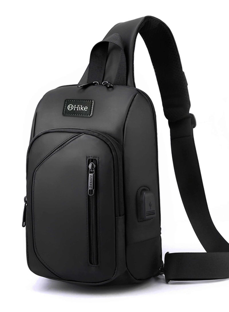 Hike Crossbody Sling Bag Synthetic Water Resistant Unisex Small Shoulder Bag with Built in USB Port for Business Travel Outdoor Shopping, HK2032-BLACK - Image 2