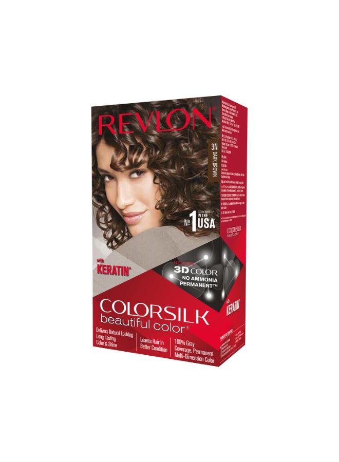 Revlon ColorSilk Beautiful Hair Color (3D Color Gel Technology) with Keratin, Dark Brown 3N (40 ML+40 ML +11.8 ML) - Image 1