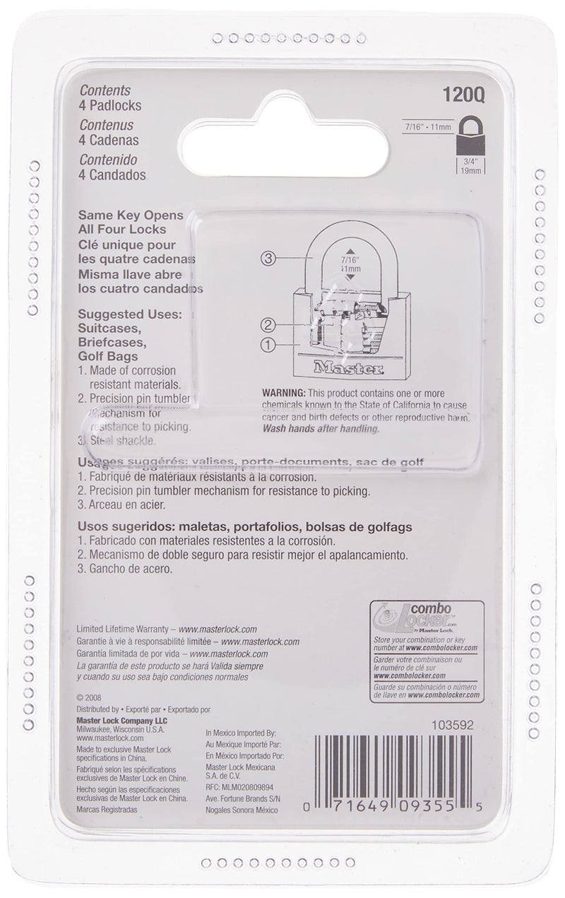 Master Lock Padlock, Solid Brass Lock, 3/4 in. Wide, 120Q (Pack of 4-Keyed Alike) - Image 5