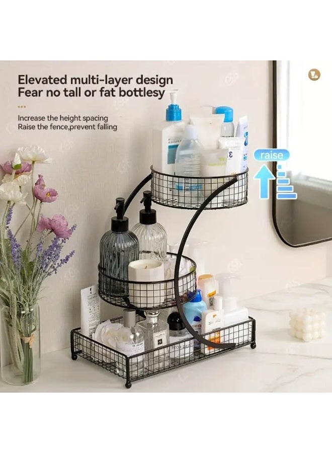 3-Tier Metal Bathroom Organizer Storage Rack, Round Black, for Vanity & Countertop - Image 2
