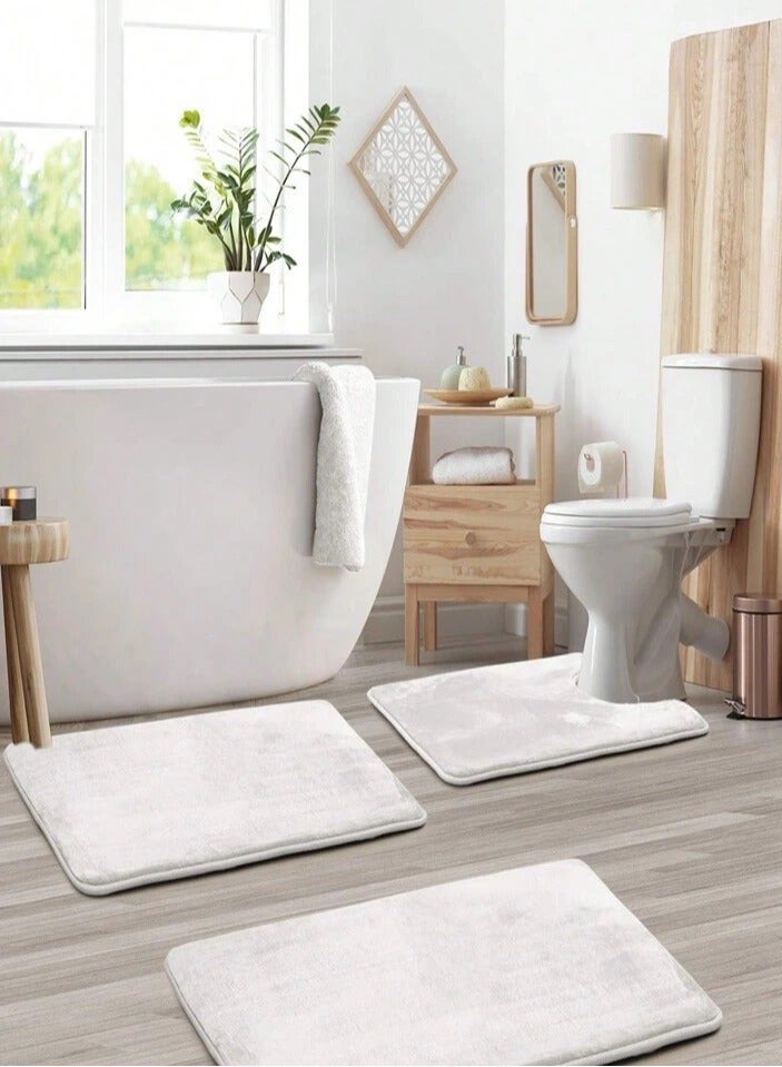 Kutis 3-Pieces European Simple Style Toilet Floor Mat Suit Bathroom Carpet Set Polyester Fiber White - Image 1