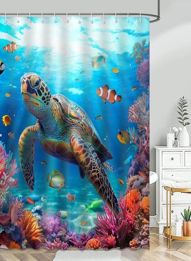 Mocsicka Nautical Sea Turtle Shower Curtain, Blue, 72"W x 72"L (Pack of 1) with 12 Hooks, Waterproof, Polyester, Bathroom - Image 1