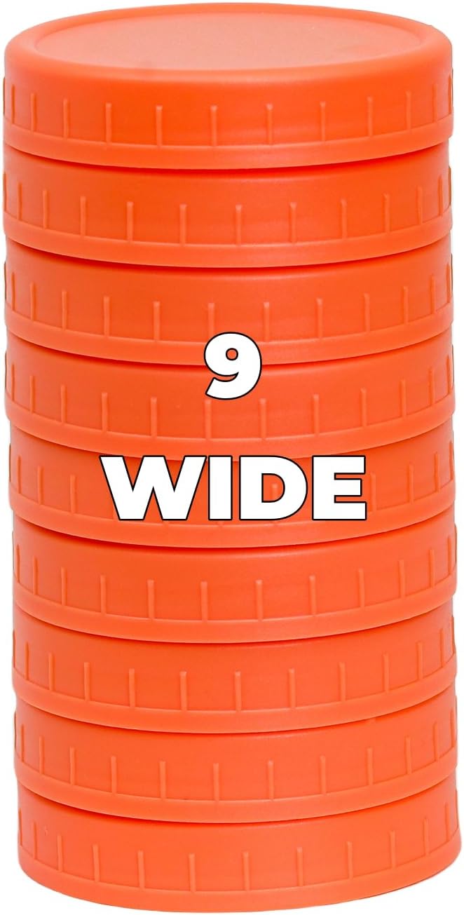 Bedgeta 9 Wide Mouth Mason Jar Lids with Silicone Ring,Thickened Leak-proof Lids Fit Ball,Kerr and More, 9 Orange Plastic Lids, 86mm Plastic Mason Jar Lids(Orange) - Image 1