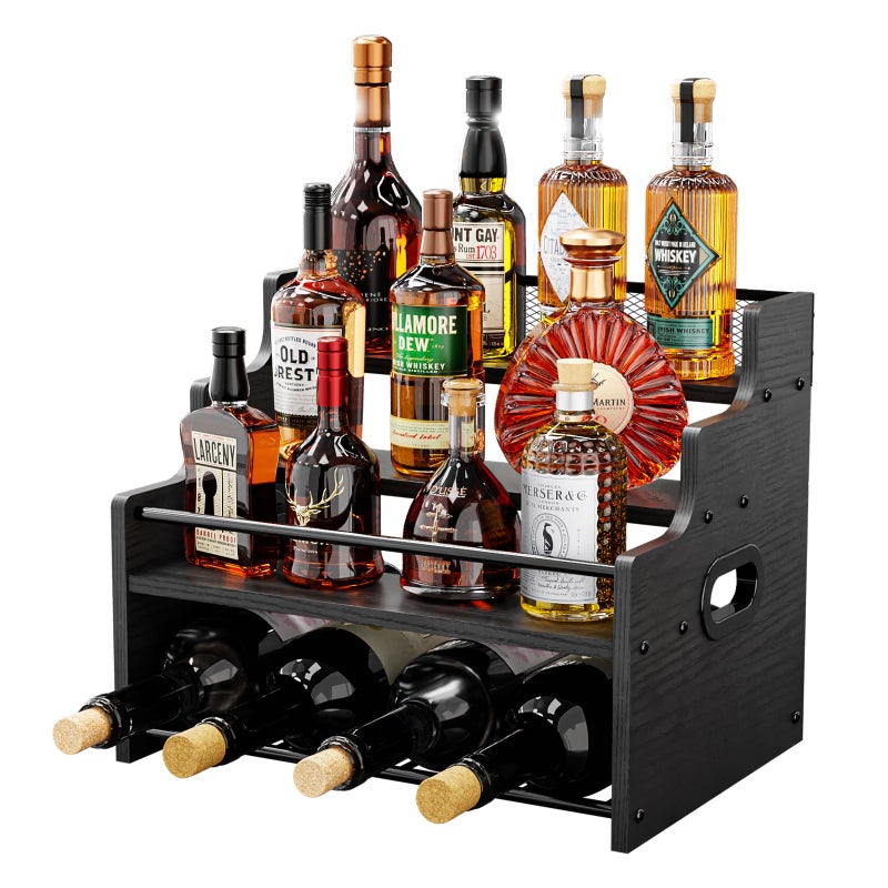 KLM 4-Tier Wood Display Shelf, Black Modern Bottle Organizer, Countertop Bar Stand for Liquor, Coffee Syrup, (Black) - Image 1