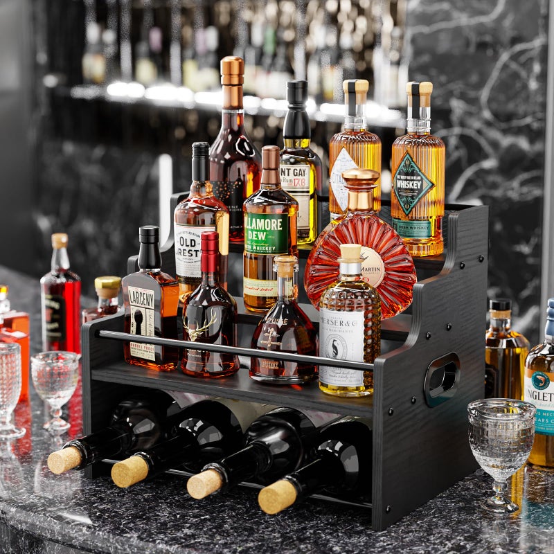KLM 4-Tier Wood Display Shelf, Black Modern Bottle Organizer, Countertop Bar Stand for Liquor, Coffee Syrup, (Black) - Image 2