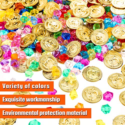 Skylety Halloween Pirate Treasure 100 Pieces Gold Coins and 100 Pieces Gem Jewelry Treasure Fake Gold Coins Toys for Pirate Party Decorations Halloween Adventure Themed Event Party Supplies - Image 3