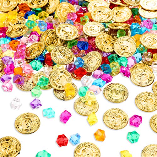 Skylety Halloween Pirate Treasure 100 Pieces Gold Coins and 100 Pieces Gem Jewelry Treasure Fake Gold Coins Toys for Pirate Party Decorations Halloween Adventure Themed Event Party Supplies - Image 1