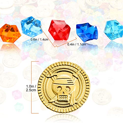 Skylety Halloween Pirate Treasure 100 Pieces Gold Coins and 100 Pieces Gem Jewelry Treasure Fake Gold Coins Toys for Pirate Party Decorations Halloween Adventure Themed Event Party Supplies - Image 2