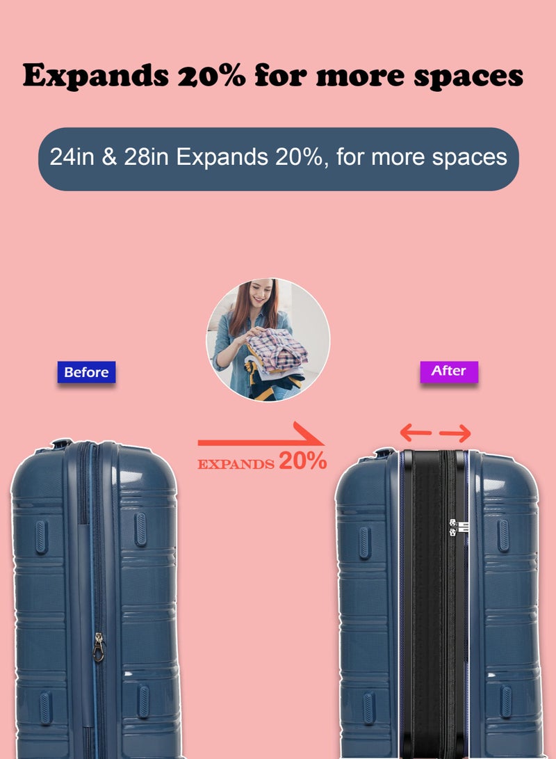 SAW & SEE 3-Piece PP Luggage Set – Lightweight Polypropylene Fashion Trolley Luggage Expandable Unbreakable Hard Shell with TSA Lock, Safe Security Zipper, and 4 Quiet 360° Double Spinner Wheels – 20" / 24" / 28"- Dark Blue - Image 3