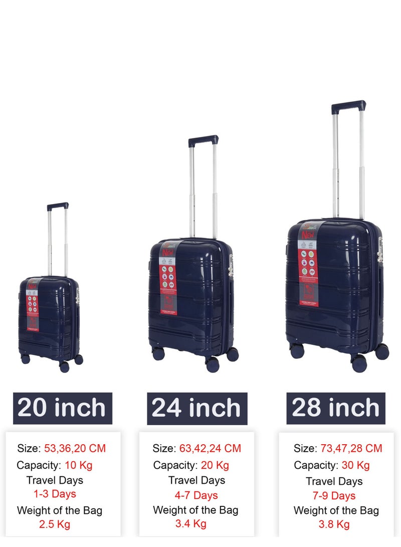 SAW & SEE 3-Piece PP Luggage Set – Lightweight Polypropylene Fashion Trolley Luggage Expandable Unbreakable Hard Shell with TSA Lock, Safe Security Zipper, and 4 Quiet 360° Double Spinner Wheels – 20" / 24" / 28"- Dark Blue - Image 4