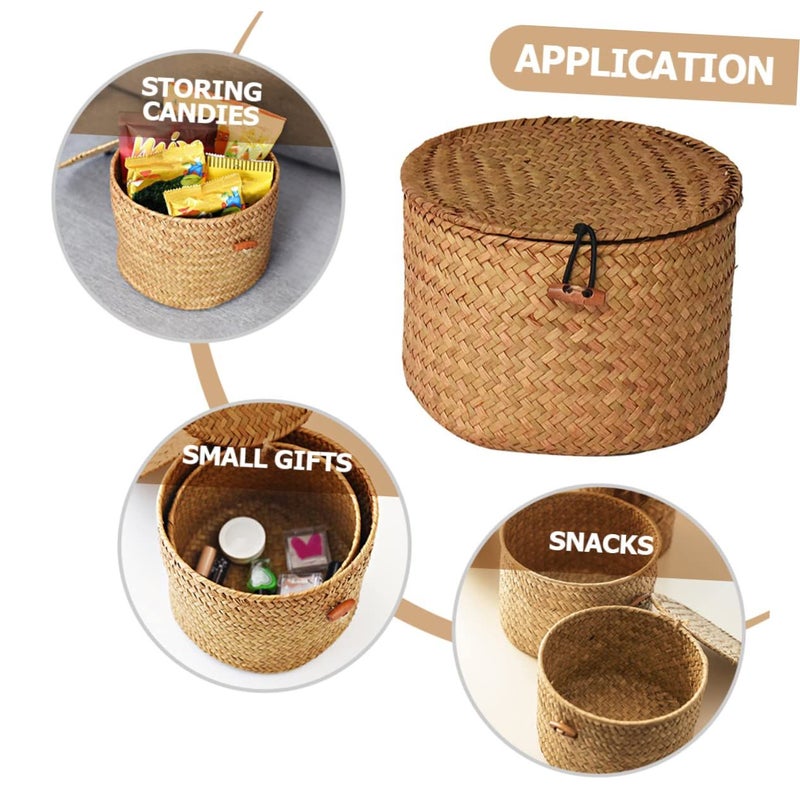 Willow Wicker Storage Basket With Lid Round Fruit Tray Home Decor - Image 3