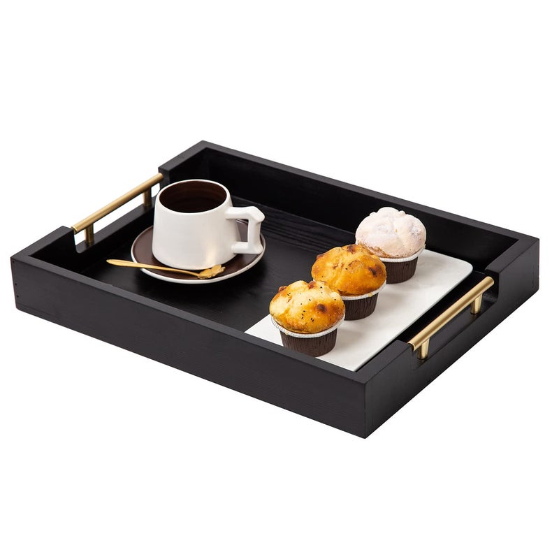 Decorative Coffee Table Ottoman Trays Modern Wood Elegant 16x12 Rectangle Glossy Shagreen Serving Trays with Gold Metal Handles Drinks Liquor Serving Platter for All OccasionsBlack