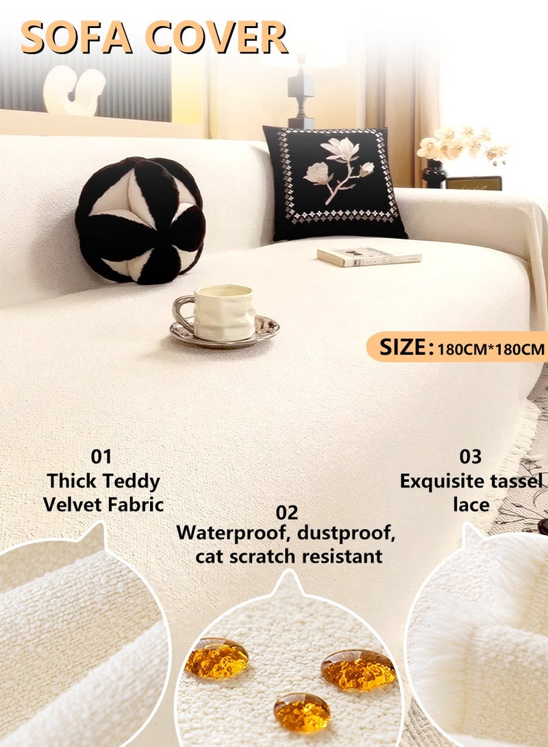 نورهور غطاء أريكة 180×180 سم - غطاء مقاوم للماء ومضاد للتجاعيد بتغطية كاملة، ومقاوم للغبار، ومضاد للانزلاق، ومضاد لخدش القطط، من قماش الجاكار المخملي مع حواف مزينة بالشراشيب، حماية مرنة ومتينة للأريكة - Image 1