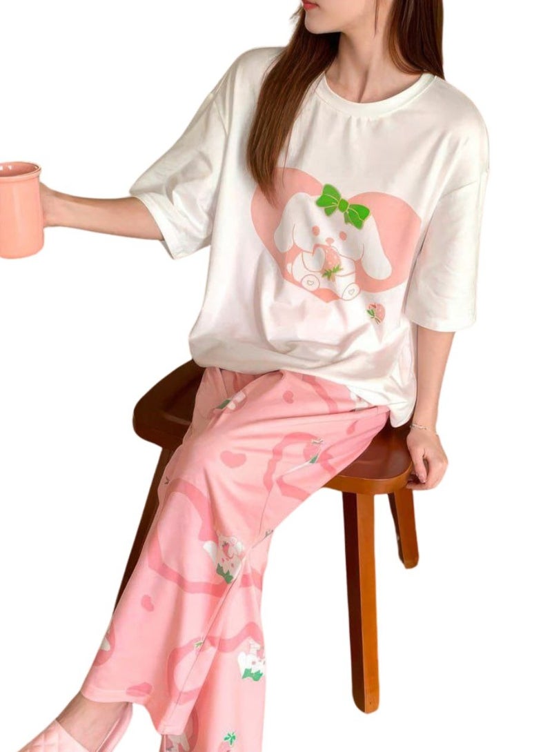 Cotton Pajama Set, Cute Bunny Print, White T-Shirt and Pink Pants, Available in Small and Medium - Image 1