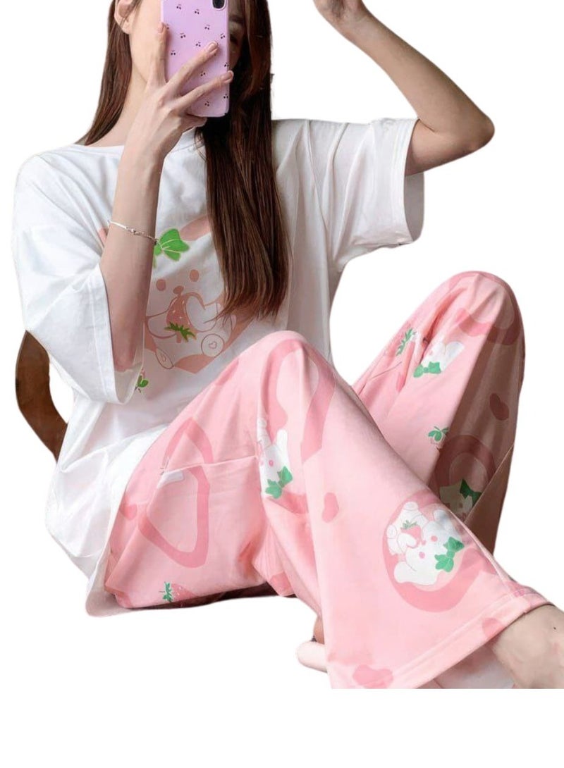 Cotton Pajama Set, Cute Bunny Print, White T-Shirt and Pink Pants, Available in Small and Medium - Image 2