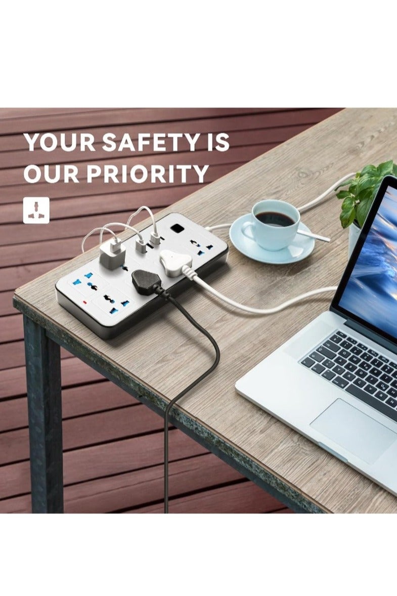 2 meters Universal Extension Lead with Multiple Function UK Plug 3 Pin Socket Outlet with 6 Gang 3 USB Port 1 Type-C Port 2M Electric Socket Mains Strip for Home Kitchen and Office 2 meters WHITE - Image 5