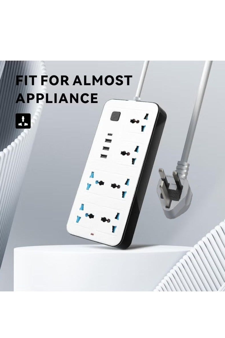 2 meters Universal Extension Lead with Multiple Function UK Plug 3 Pin Socket Outlet with 6 Gang 3 USB Port 1 Type-C Port 2M Electric Socket Mains Strip for Home Kitchen and Office 2 meters WHITE - Image 2