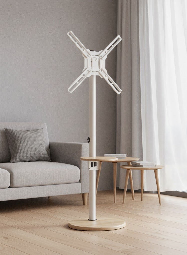 فلاشهوك حامل تلفزيون أرضي متحرك (بعجلات) مع حامل دوار وصينية خشبية لشاشات 14-43 بوصة، قابل للدوران 360 درجة، قابل لتعديل الارتفاع، عربة شاشة موبايل/محمولة، VESA حتى 280×280 مم، حمولة قصوى 20 كجم، لون أبيض/خشبي - Image 1