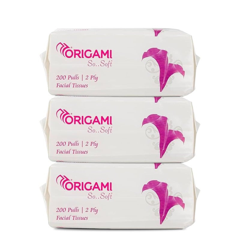Origami 2 Ply Facial Tissue Soft Pack | Car Tissue Pouch - Pack of 3 (200 Pulls Per Box, 600 Sheets) - Image 1