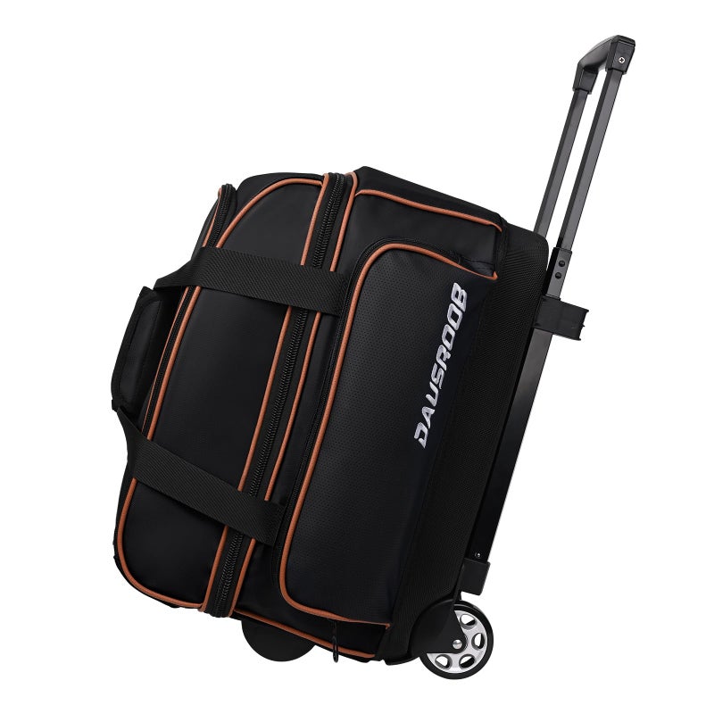 DAUSROOB 2 Ball Bowling Bag with Wheel,900D Oxford Waterproof PU,Dual Roller Bowling Bag with Sturdy Frame,Large Shoe Compartment Fits Up to Menâ€™s 16,Rolling Bowling Tote, Handle Extends to 39.5" (Black) - Image 1