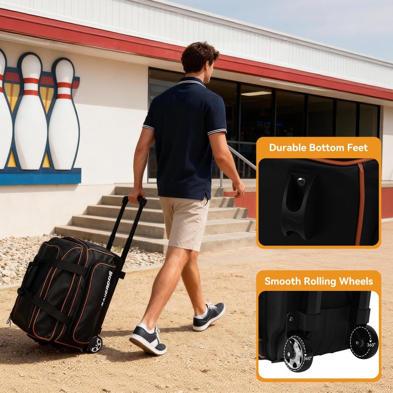 DAUSROOB 2 Ball Bowling Bag with Wheel,900D Oxford Waterproof PU,Dual Roller Bowling Bag with Sturdy Frame,Large Shoe Compartment Fits Up to Menâ€™s 16,Rolling Bowling Tote, Handle Extends to 39.5" (Black) - Image 5