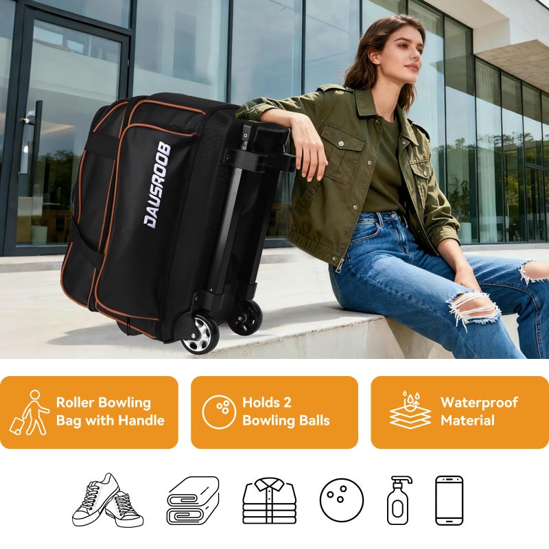DAUSROOB 2 Ball Bowling Bag with Wheel,900D Oxford Waterproof PU,Dual Roller Bowling Bag with Sturdy Frame,Large Shoe Compartment Fits Up to Menâ€™s 16,Rolling Bowling Tote, Handle Extends to 39.5" (Black) - Image 2