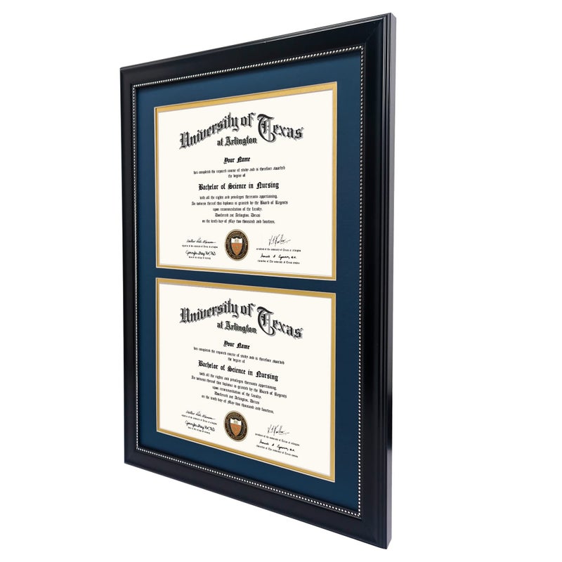 GraduationMall 14x20 Double Diploma Frame, Display 8.5x11 Certificate with Navy over Gold Mat,Tempered Glass,Black with Silver Beads - Image 3