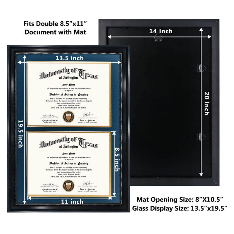 GraduationMall 14x20 Double Diploma Frame, Display 8.5x11 Certificate with Navy over Gold Mat,Tempered Glass,Black with Silver Beads - Image 4