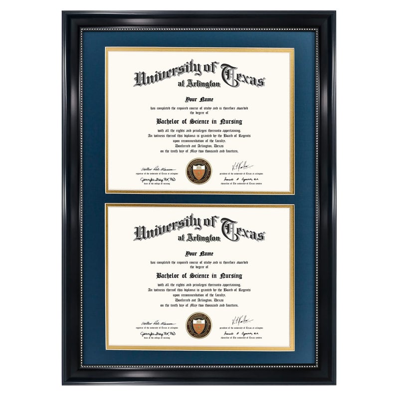 GraduationMall 14x20 Double Diploma Frame, Display 8.5x11 Certificate with Navy over Gold Mat,Tempered Glass,Black with Silver Beads - Image 1