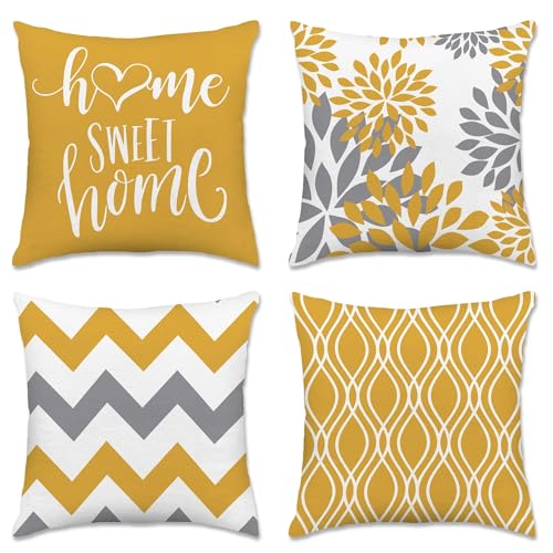 Hexagram Geometric Yellow Pillow Covers 18x18 Set of 4, Decorative Outdoor Boho Modern Throw Pillow Covers, Home Sweet Home Farmhouse Cushion Case for Couch Sofa Bedroom Indoor Decor(No Insert) - Image 1