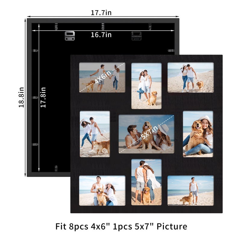 YESKAY Picture Frame Collage for 4x6 and 5x7 Photos - 9 Openings Rustic Black Picture Frame with Real Glass,Family Picture Frames Wall Decor 1 Pack - Image 2