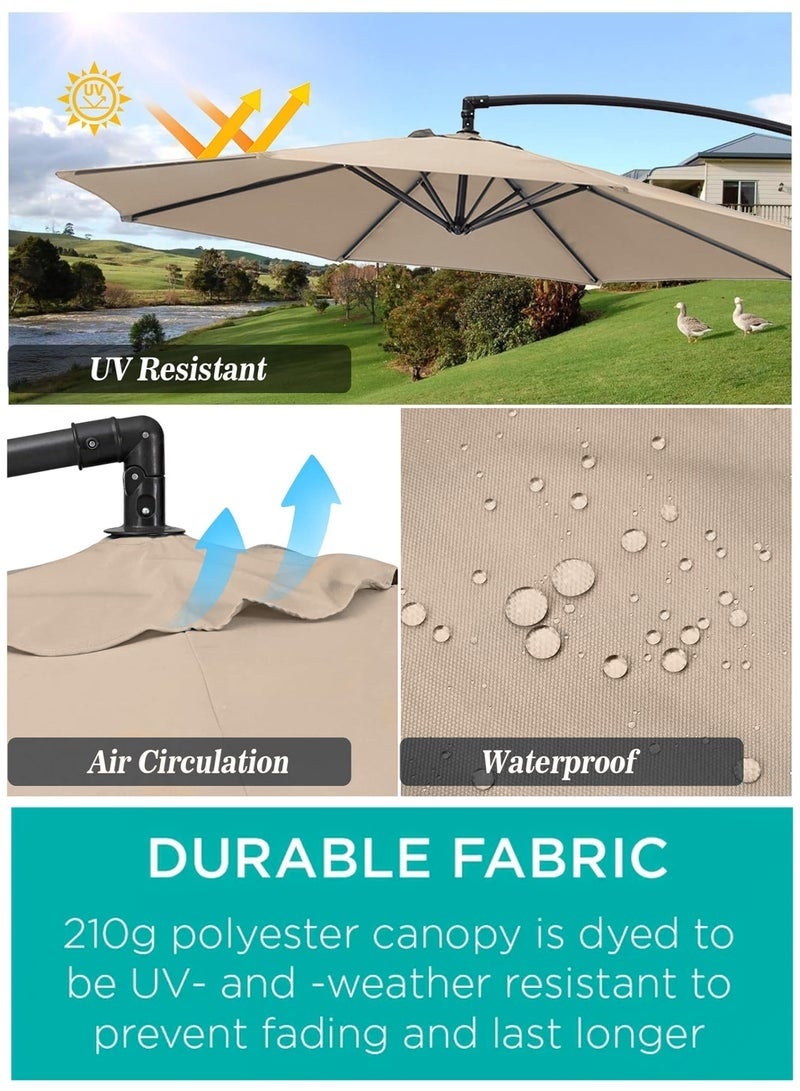Toshionics 3M Round Cantilever Parasol Patio Umbrella with 60L Water Filled Base Crank Handle Adjustable Tilt Angle and Height Offset Hanging Sun Shade Banana Umbrella UV And Water Resistant 210g Polyester Canopy Rust-Resistant Steel Frame 360° Rotation and Portable Wheels for Outdoor Yard Garden Swimming Pool Camping or Patio - Image 4