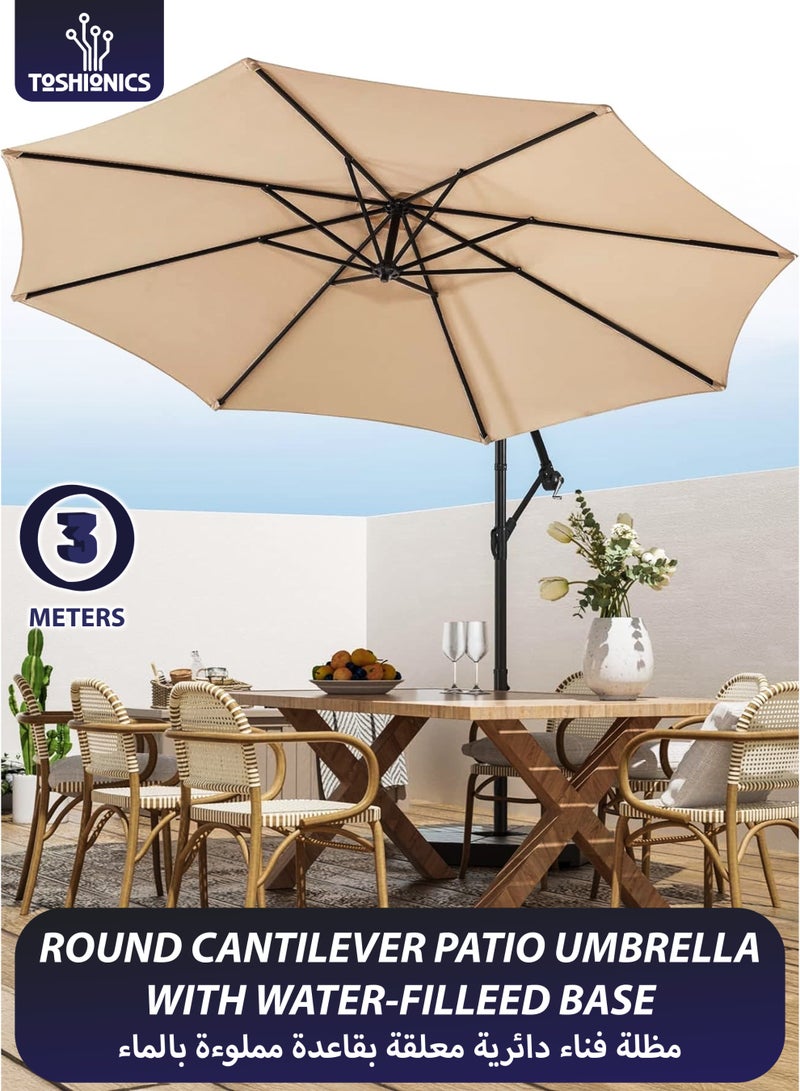 Toshionics 3M Round Cantilever Parasol Patio Umbrella with 60L Water Filled Base Crank Handle Adjustable Tilt Angle and Height Offset Hanging Sun Shade Banana Umbrella UV And Water Resistant 210g Polyester Canopy Rust-Resistant Steel Frame 360° Rotation and Portable Wheels for Outdoor Yard Garden Swimming Pool Camping or Patio - Image 1